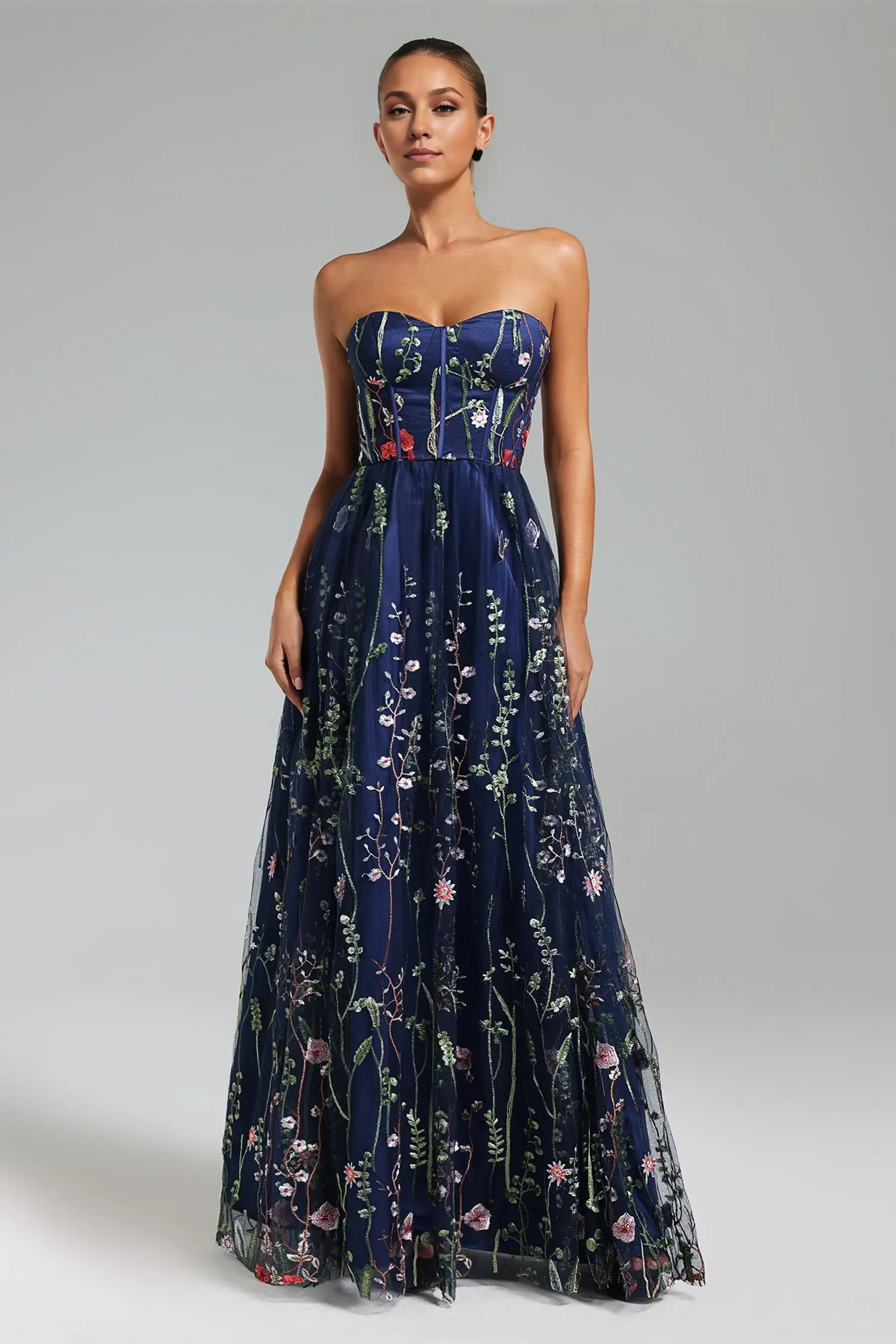 Weitese Dress A-line Sweetheart Strapless Embroidery Floor Length Maxi Dress Tulle Floral